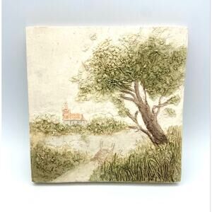 Vtg Heine Studio Plaster Relief Wall Plaque 3D Landscape Church Tree W Germany